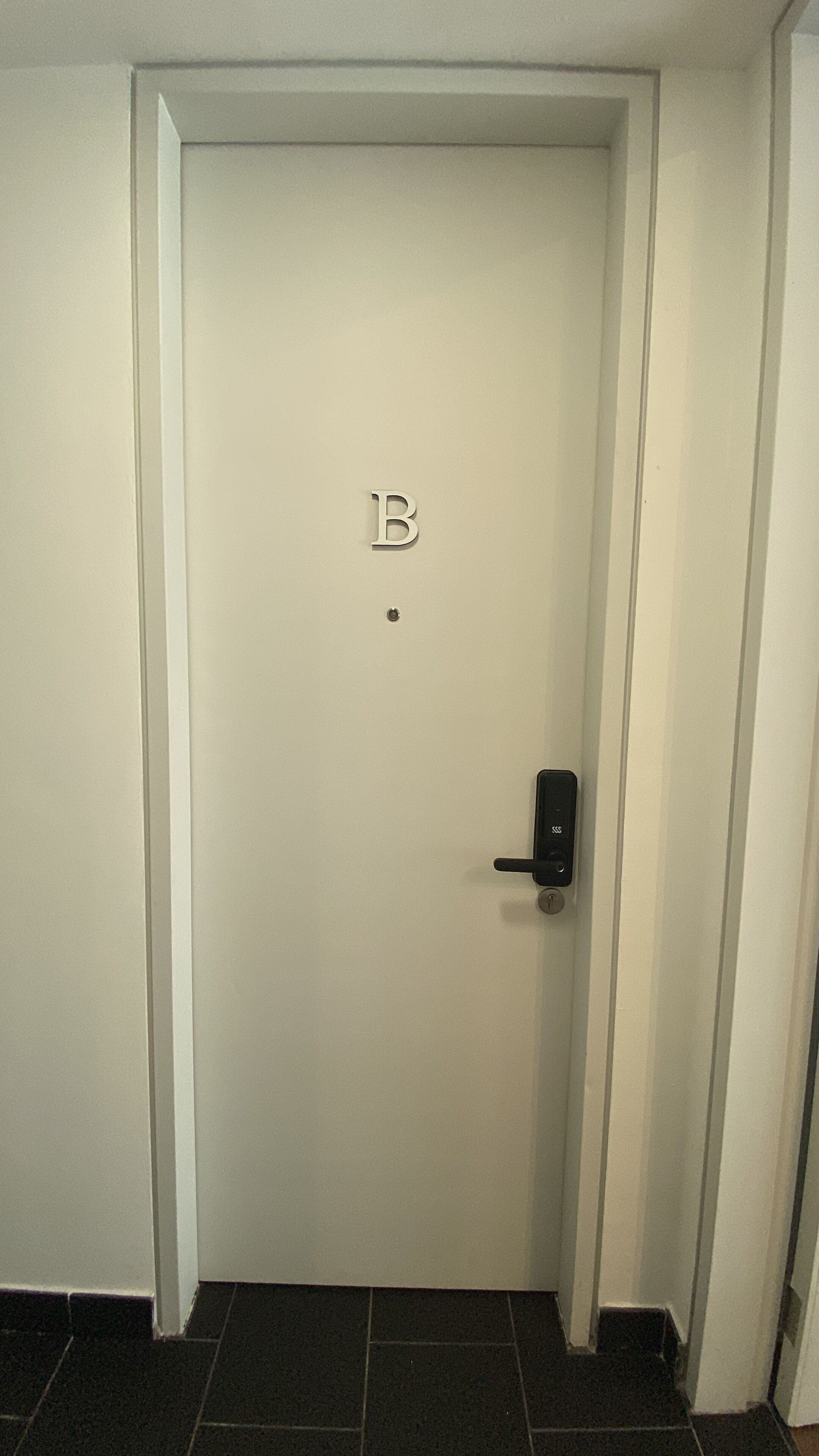 A white door with a 'B' and a star symbol, a door handle, and a keyhole.