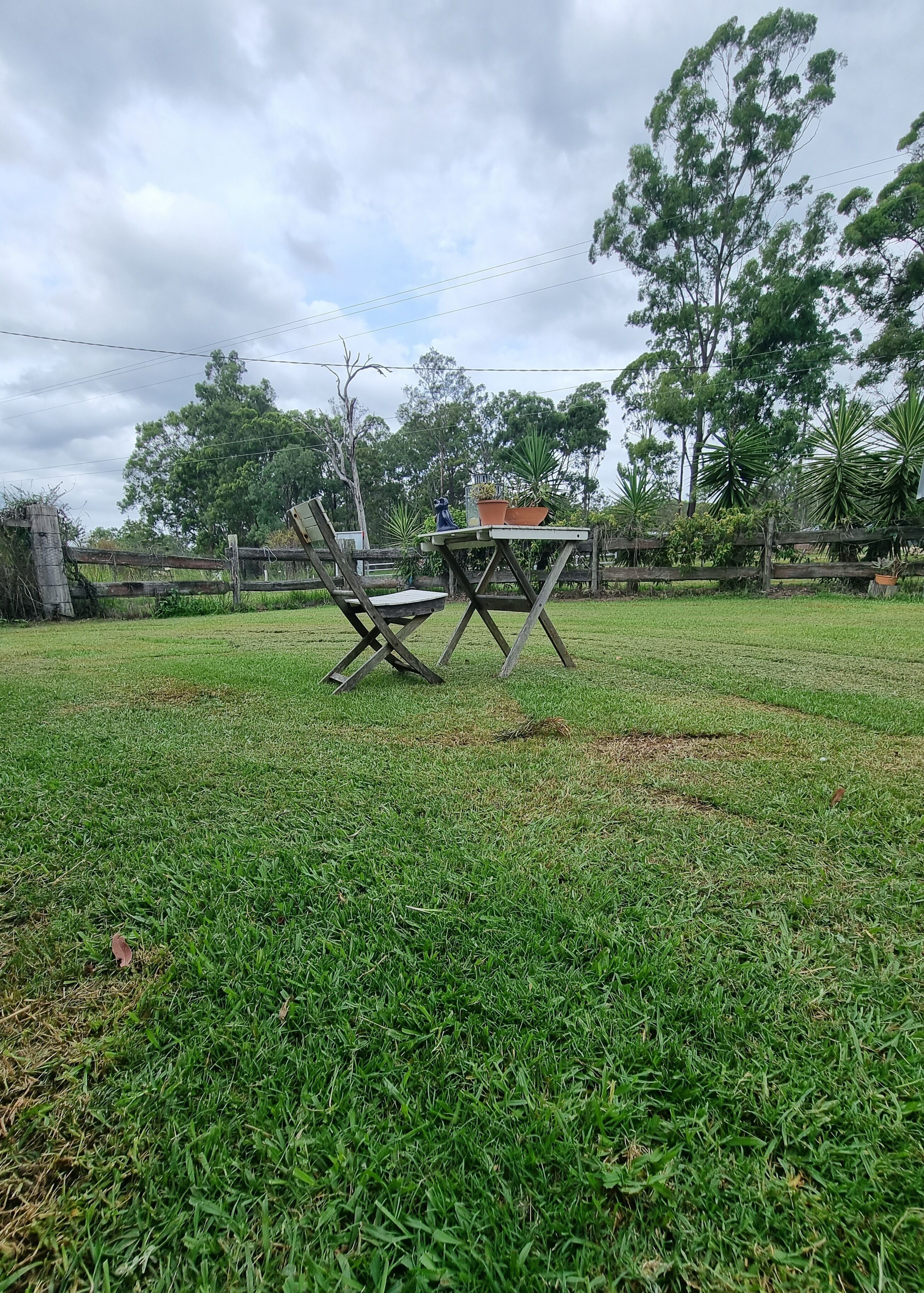 Un espace extérieur verdoyant, avec une table et des chaises en bois, entouré d’arbres et d’une clôture en bois.