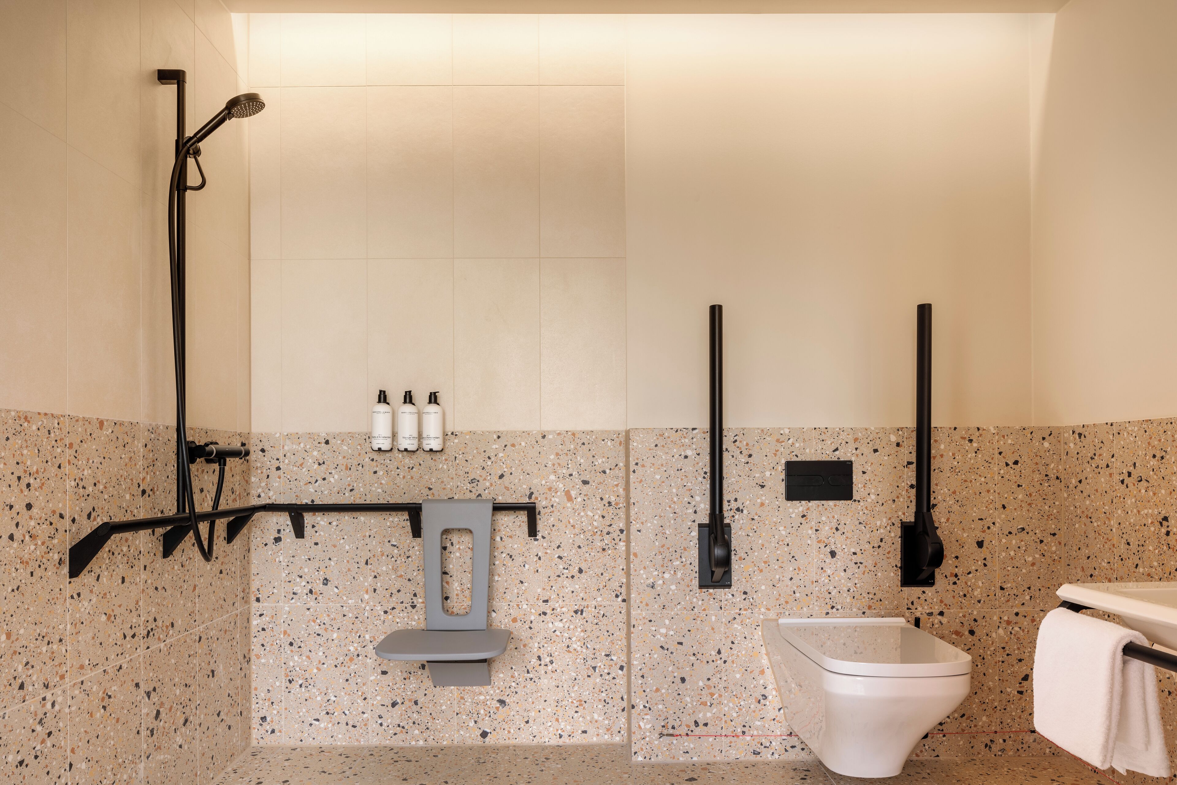 Et moderne badeværelse med bruser, toilet og håndklædeholder.