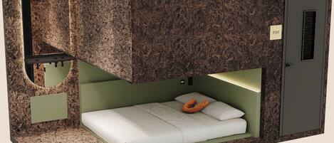 A bunk bed with a green frame, a small shelf, and a door labeled P203.