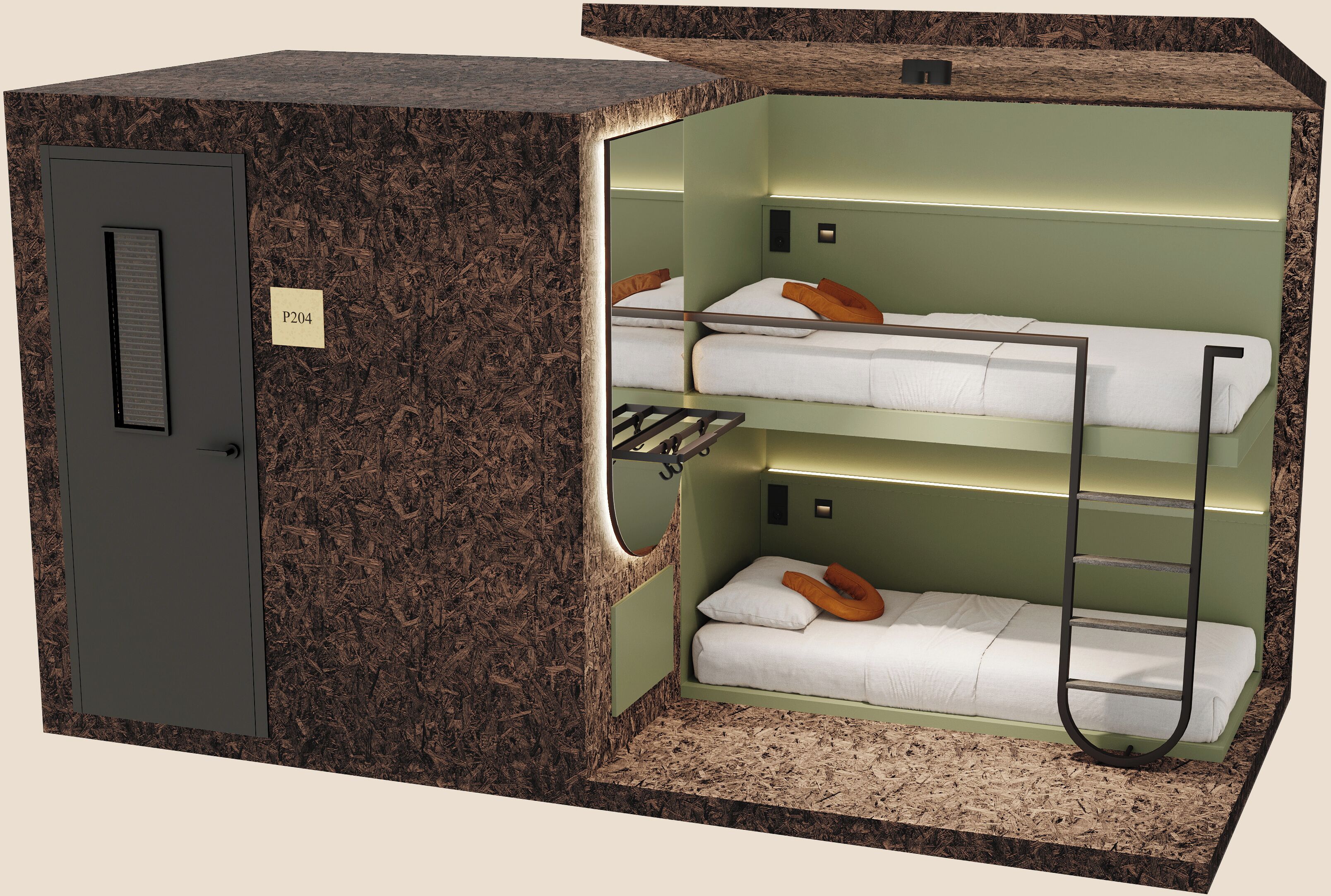 A bunk bed room with a door labeled P204, a ladder, and a shelf.