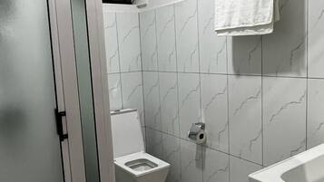 A modern bathroom with a toilet, a shower area, and a sink.
