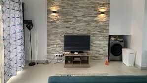 Una sala de estar con televisor de pantalla plana, ventilador de techo, pared con diseño de piedra, lavadora y cesto de ropa.