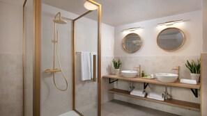 Shower, hair dryer, towels