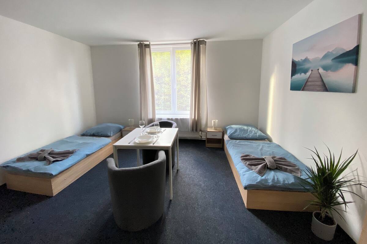 A small, well-lit room with two single beds, a small table with a chair, a potted plant, and a painting on the wall.