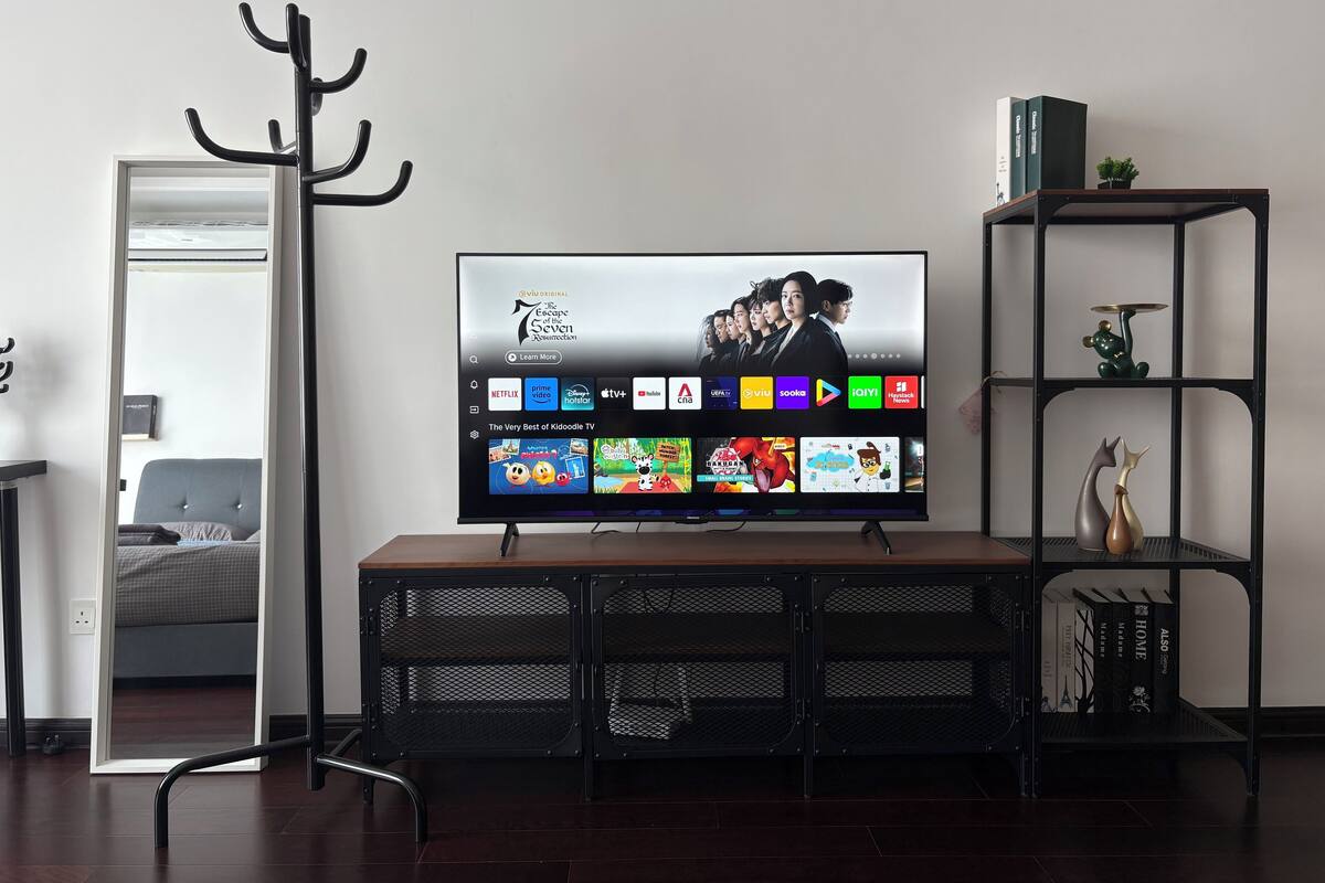Un salon avec un téléviseur à écran plat affichant l’interface d’un service de diffusion en continu, une étagère en métal noir ornée d’objets décoratifs et un porte-manteau.