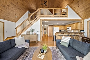 Smart TV, fireplace, foosball, books