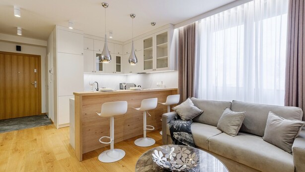 Una sala de estar moderna con un sofá, una mesa de centro y una zona de cocina con barra.