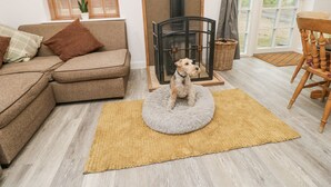 A cozy living room with a sofa, a dog bed, a fireplace, and a dining area.
