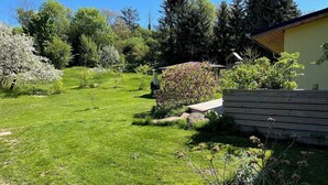 Un jardín bien cuidado con diversas plantas y árboles florecientes, un banco de madera y un cobertizo pequeño.