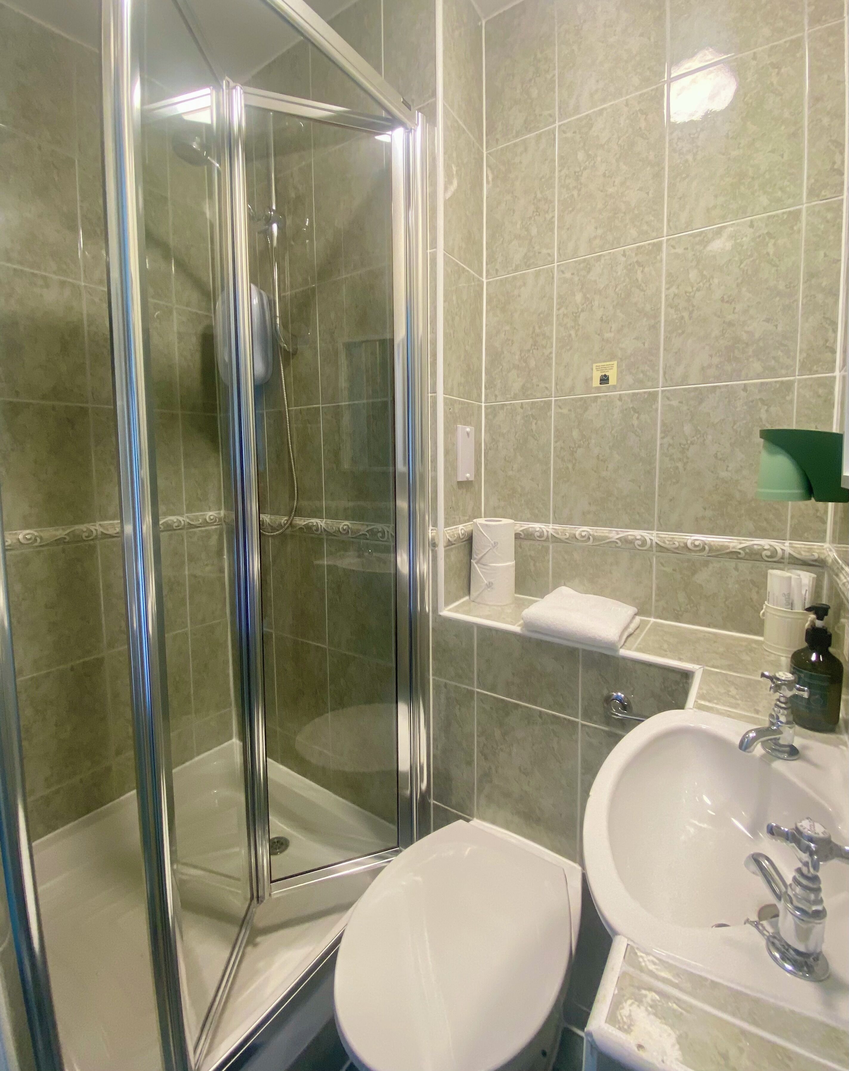 A bathroom with a glass-enclosed shower, a sink with a mirror, and a toilet.
