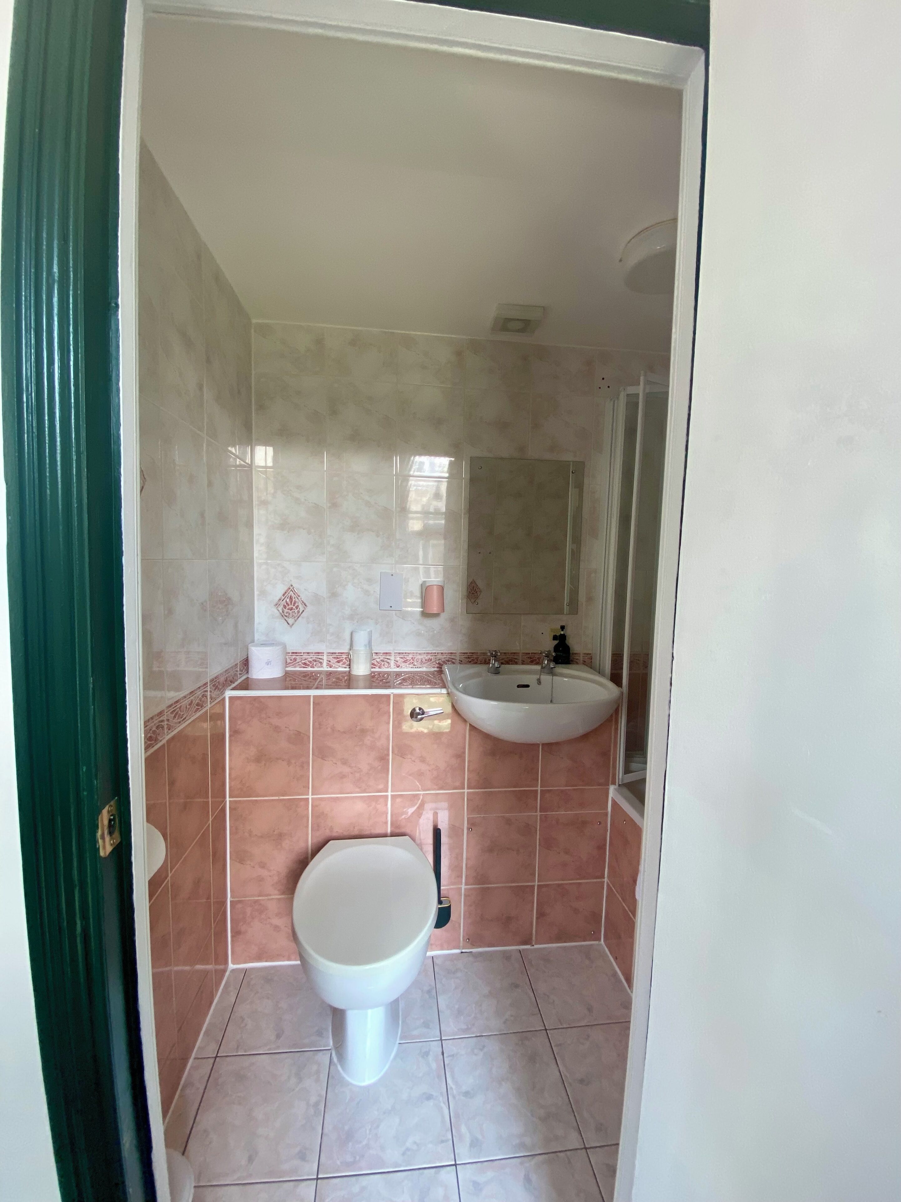 A small bathroom with a toilet, sink, and shower.