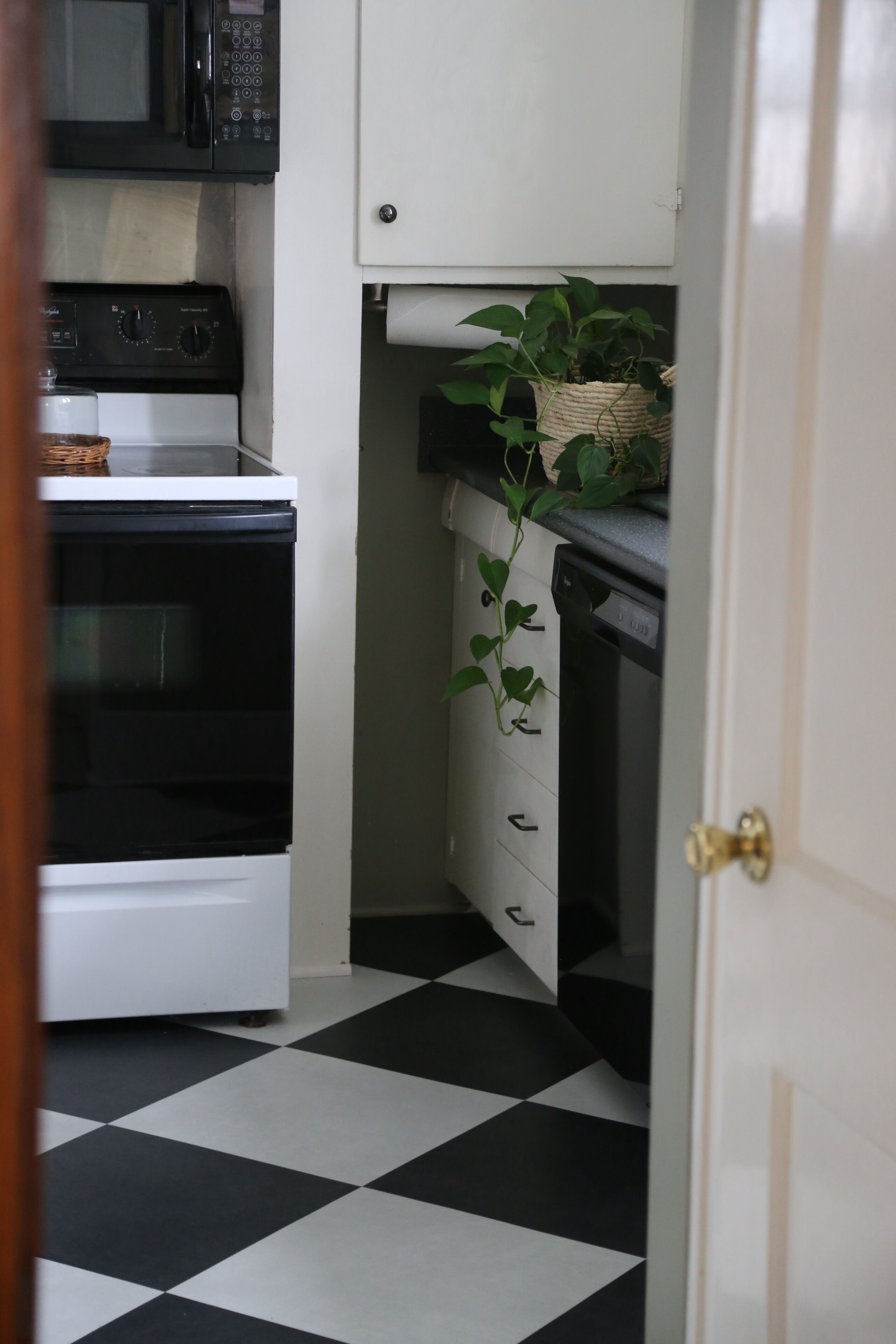 A compact kitchen with a microwave, oven, and dishwasher.
