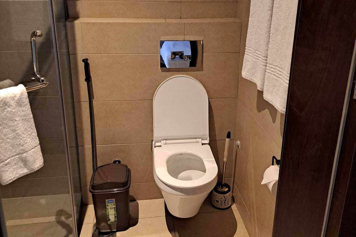 A modern bathroom with a toilet, bidet, and hand dryer. There is a window above the toilet and a towel rack on the wall.