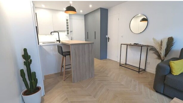 A compact living space with a kitchenette, a dining area, and a seating area with a sofa and a side table.