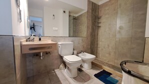 Shower, hair dryer, bidet, towels