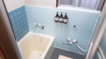 Hair dryer, towels, soap, toilet paper