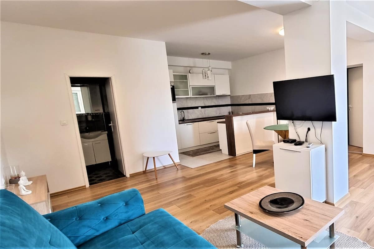 A modern apartment with a living room, kitchen, and dining area.