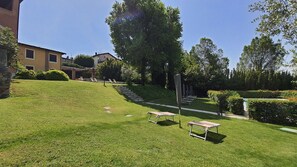 Un espace extérieur verdoyant, avec un escalier menant à un bâtiment, le tout entouré d’arbres et de végétation.