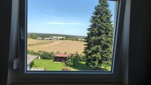 En utsikt från ett fönster över ett lantligt landskap med åkrar, ett stort träd och en liten byggnad.
