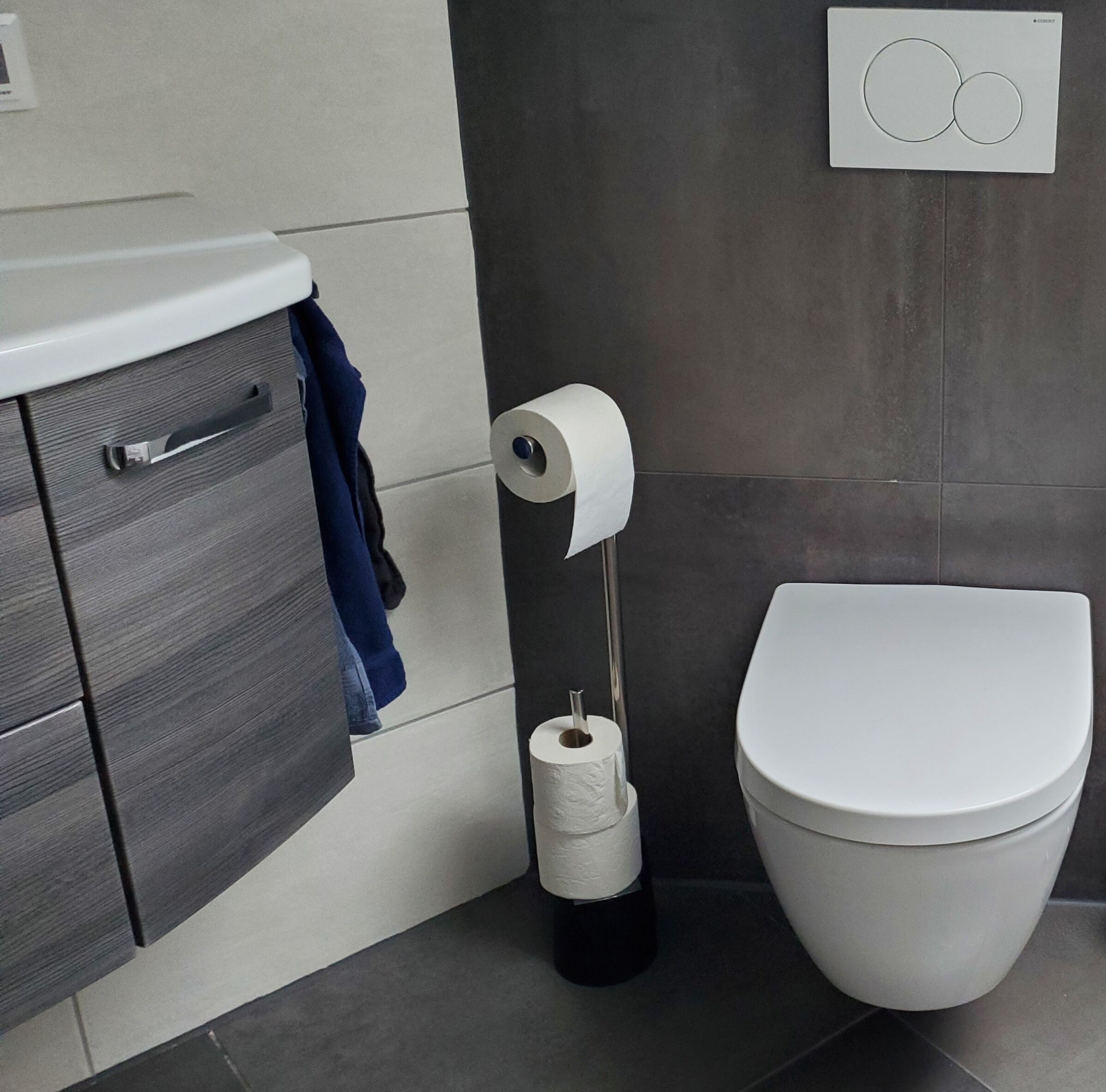 A modern bathroom with a toilet, a towel rack, and a toilet paper holder.