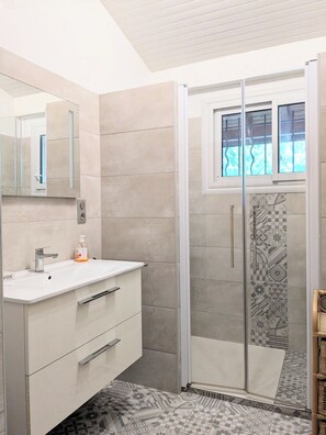 Hair dryer, towels, soap, shampoo