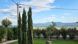 Un jardín ajardinado con césped bien cuidado, árboles altos y cielo despejado.