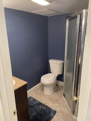 A bathroom with a toilet, a shower, and a sink.