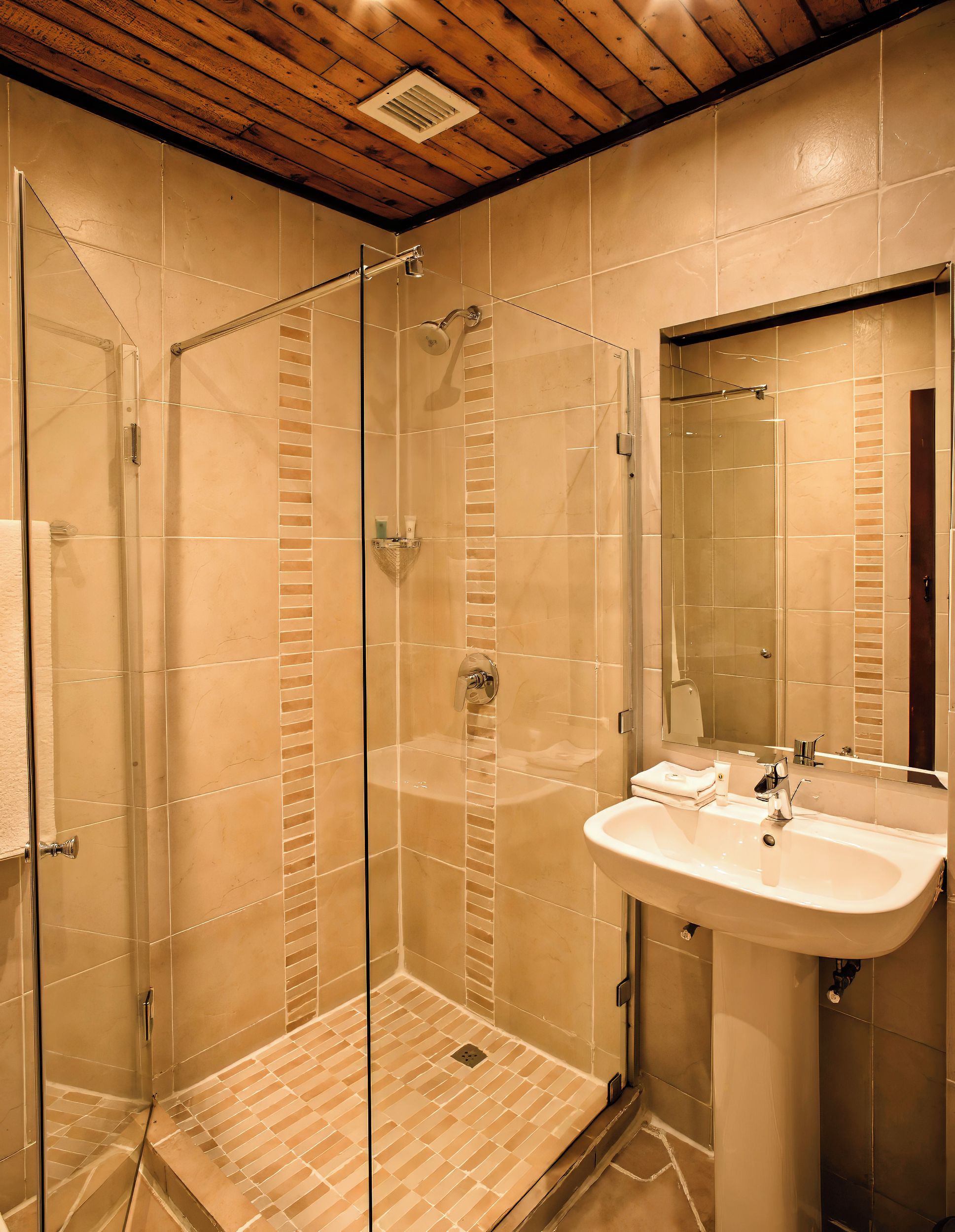 A bathroom with a glass-enclosed shower, a sink, and a mirror.