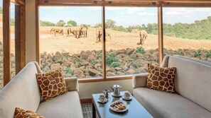 Een kamer met een groot raam met uitzicht op een savanne vol olifanten. Er staan twee banken met kussens in giraffeprint, een tafel met een theepot, kopjes en een bord koekjes.