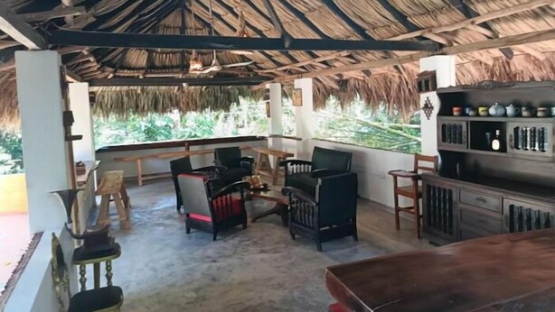 A room with a thatched roof, wooden furniture, and a view of greenery outside. - Hostal Principio Tayrona (Santa Marta)