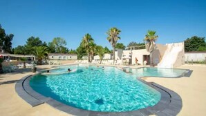 A swimming pool with a curved edge, surrounded by lounge chairs and palm trees.