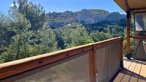 Una terraza de madera con vistas a montañas rocosas y abundante vegetación.