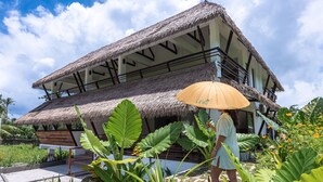 A thatched-roof building with a balcony, surrounded by tropical plants and a clear sky. - La Fuga Siargao (General Luna)