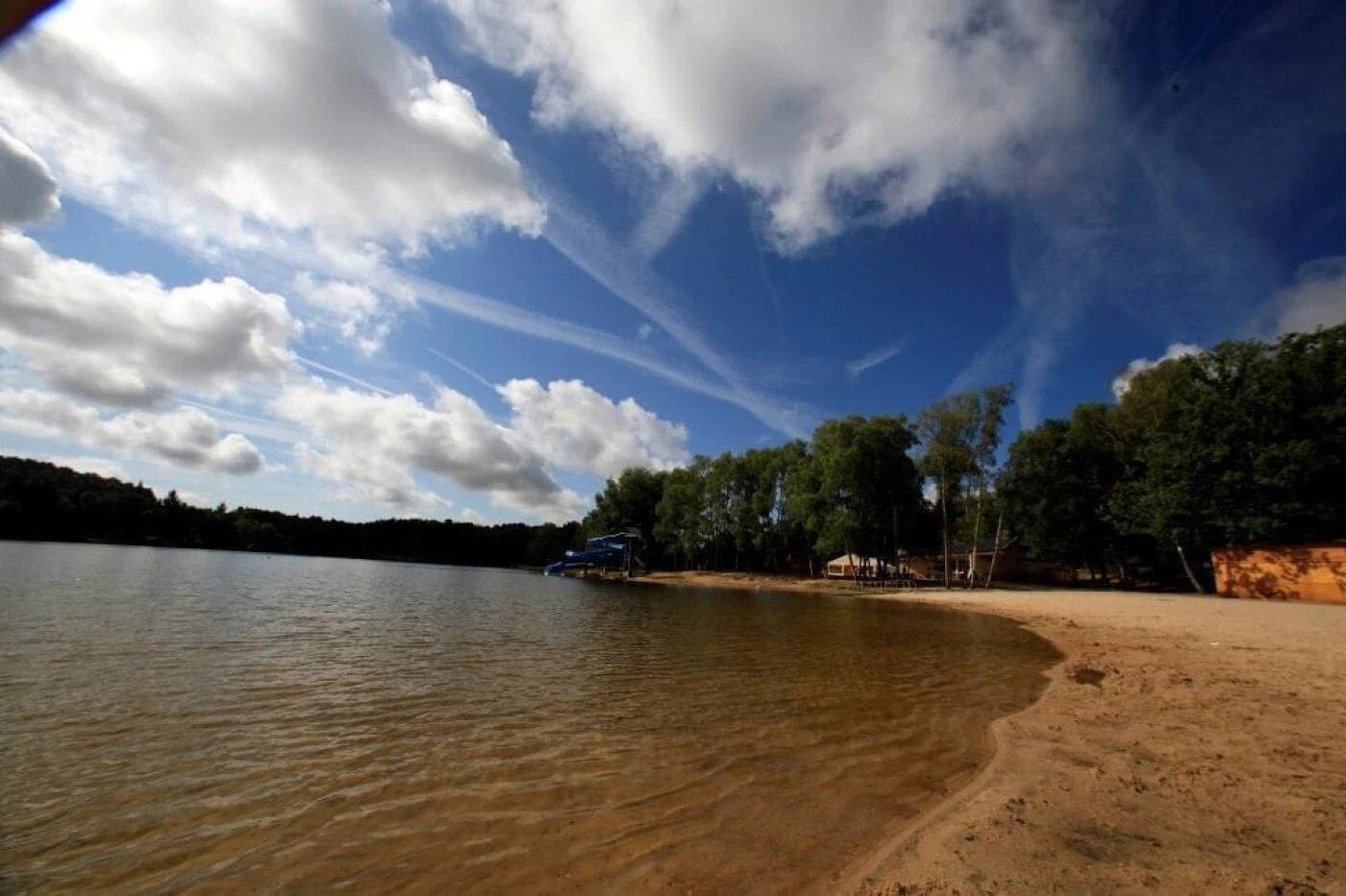 Ein Strand mit blauem Himmel, ruhigem Wasser und Bäumen.