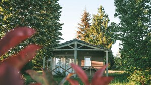 Une cabane en bois dotée d’un porche abrité, entourée d’arbres et de verdure.