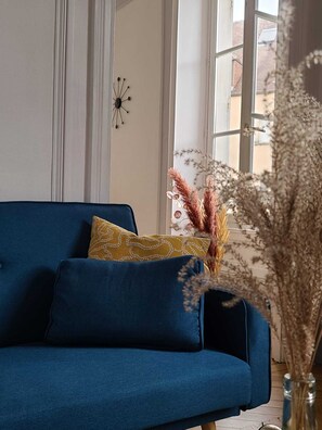 TV, fireplace, books - Chez Aristide, 3 to 7 ppl flat ideally located in Auxerre city center. (Auxerre)