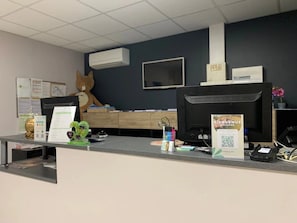 A reception area with a desk, computer, and a large plush toy.