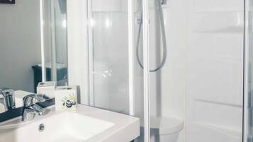 A modern bathroom with a glass-enclosed shower, a white sink, and a mirror.