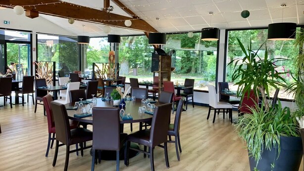 Un vaste espace dédié à la salle à manger, doté de planchers en bois, de grandes fenêtres et de meubles modernes.