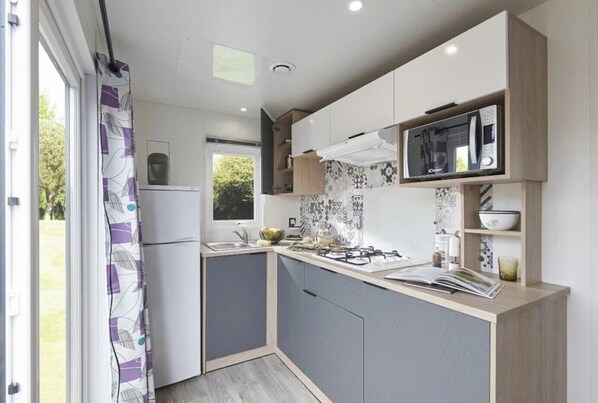 Fridge, microwave, stovetop