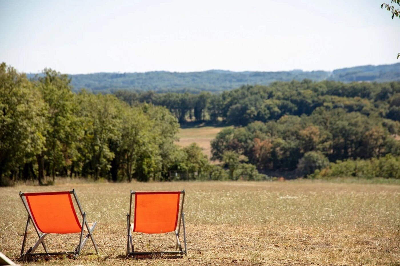 Two orange chairs in a field with a forested hill in the background.