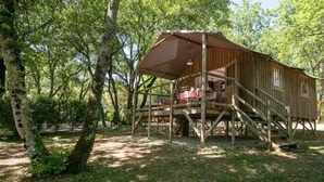 Uma cabana de madeira com varanda coberta e escadaria para um deck.