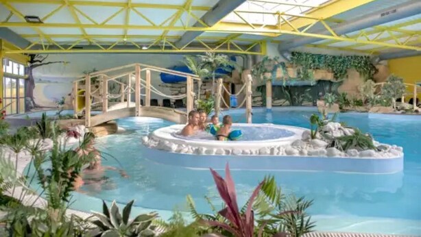 An indoor swimming pool with a hot tub, surrounded by tropical plants and a bridge.
