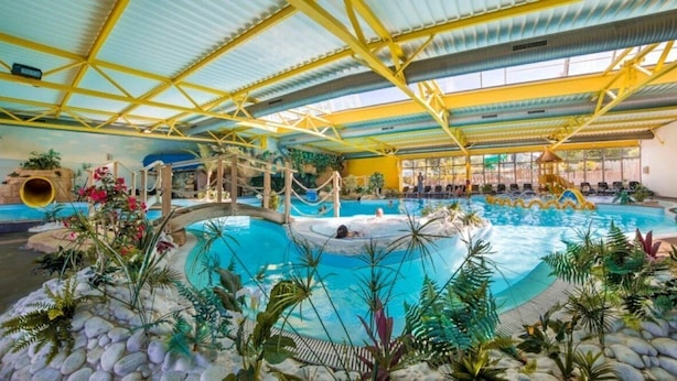 Une piscine intérieure à thème tropical, agrémentée d’une cascade, de palmiers et d’un espace salon aménagé en contrebas.