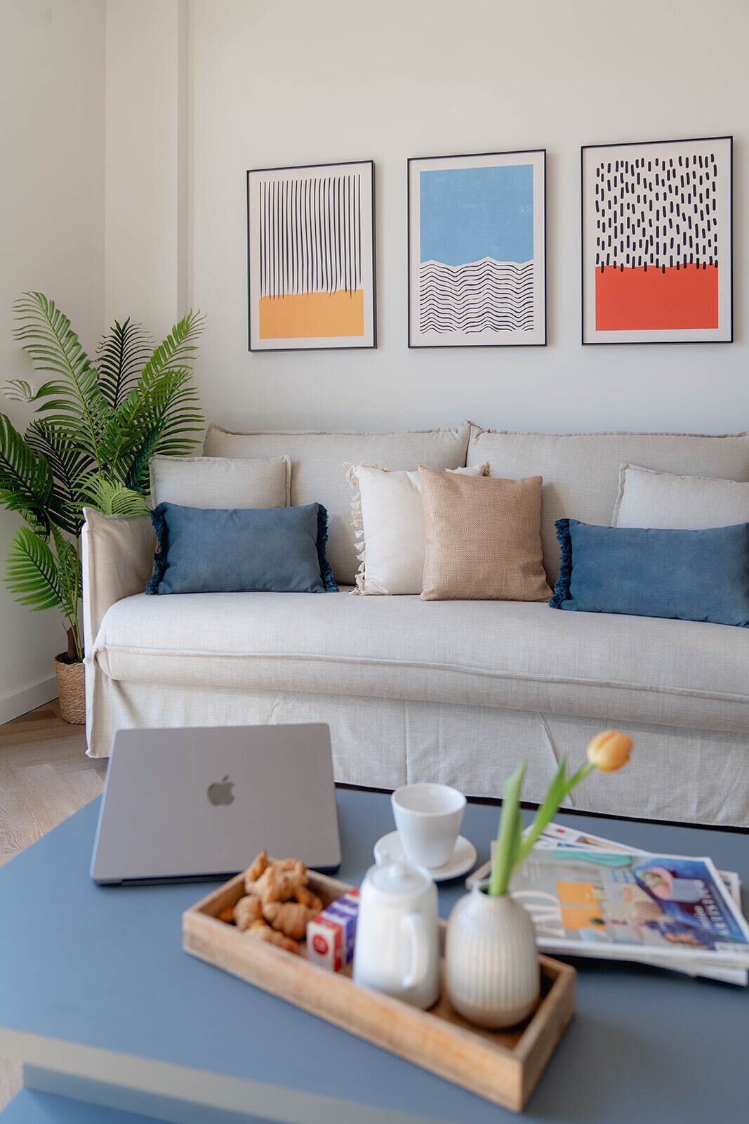A living room with a sofa, a coffee table with a tray of pastries, a laptop, and a potted plant.