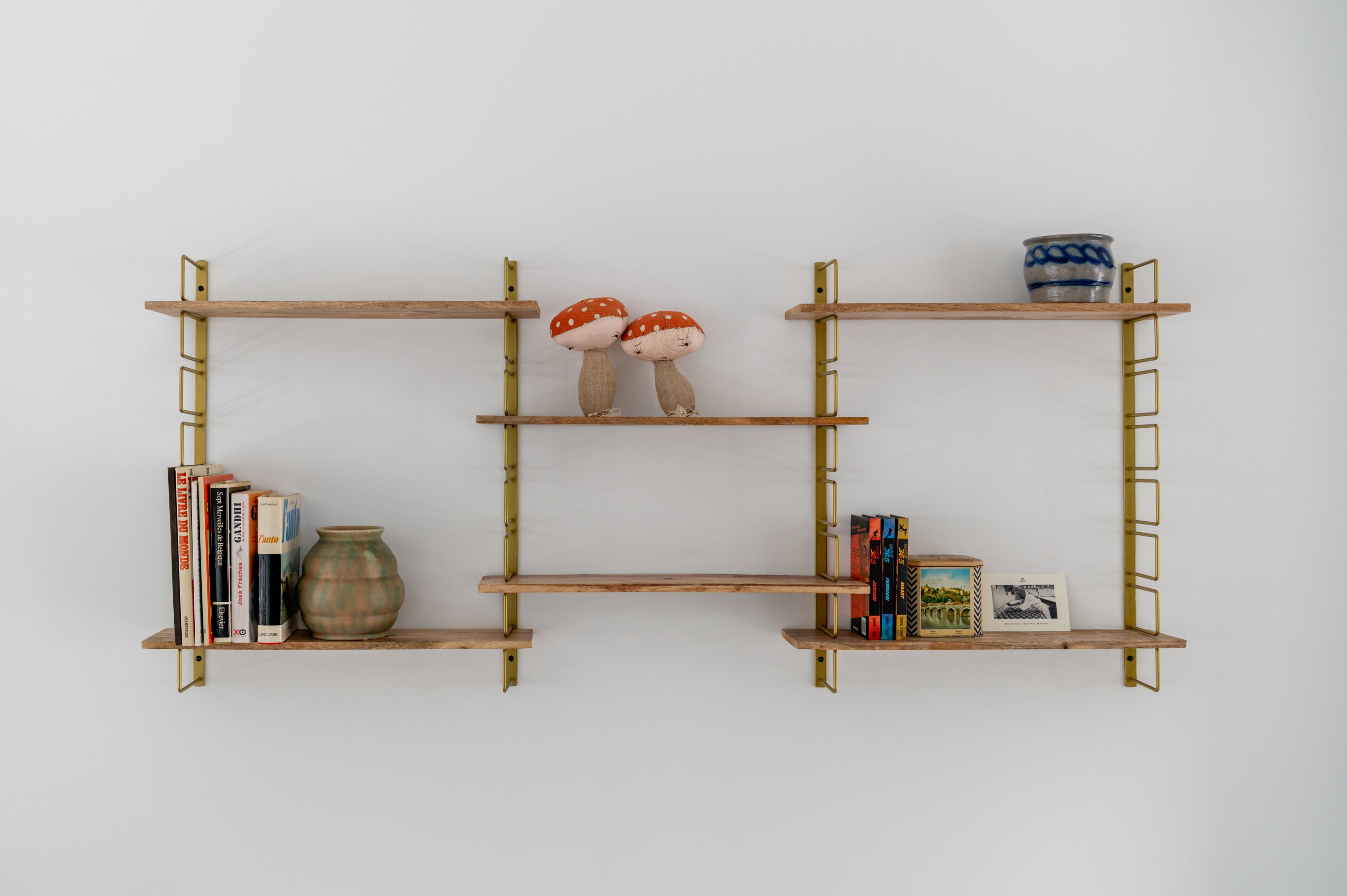 Una estantería montada en la pared con tres repisas, cada una con libros, una maceta de cerámica y objetos decorativos.