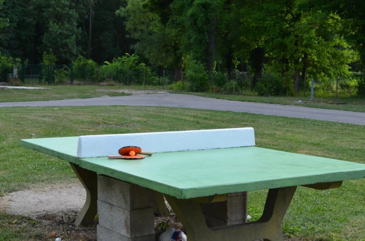 Ein Picknicktisch mit einer Bank, einem Frisbee und einem Ball in einem Park.