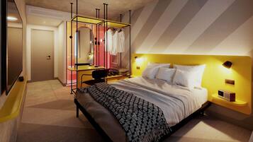 Une chambre d’hôtel moderne équipée d’un lit, d’une table de chevet et d’un coin coiffeuse avec un miroir et un porte-vêtements.