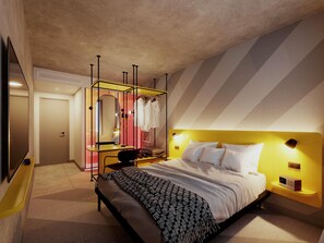 Una habitación de hotel moderna con cama, mesita de noche y tocador con espejo y perchero.